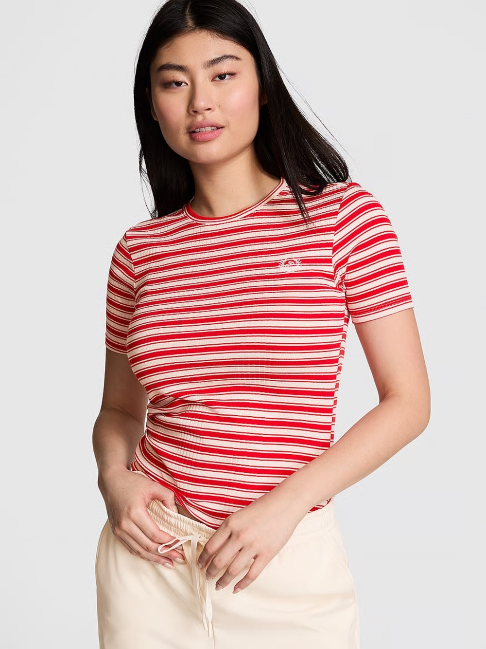 PINK Victoria's Secret Red & Cream Striped Short Sleeve Crew Tee